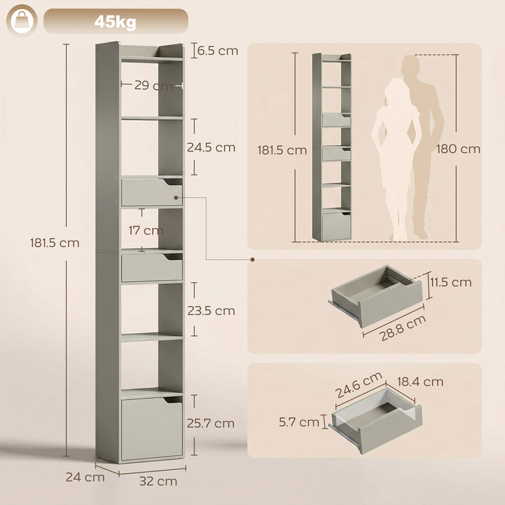 Bookcase Tall Narrow with 5 Tiers and Drawers Freestanding Bookshelf S