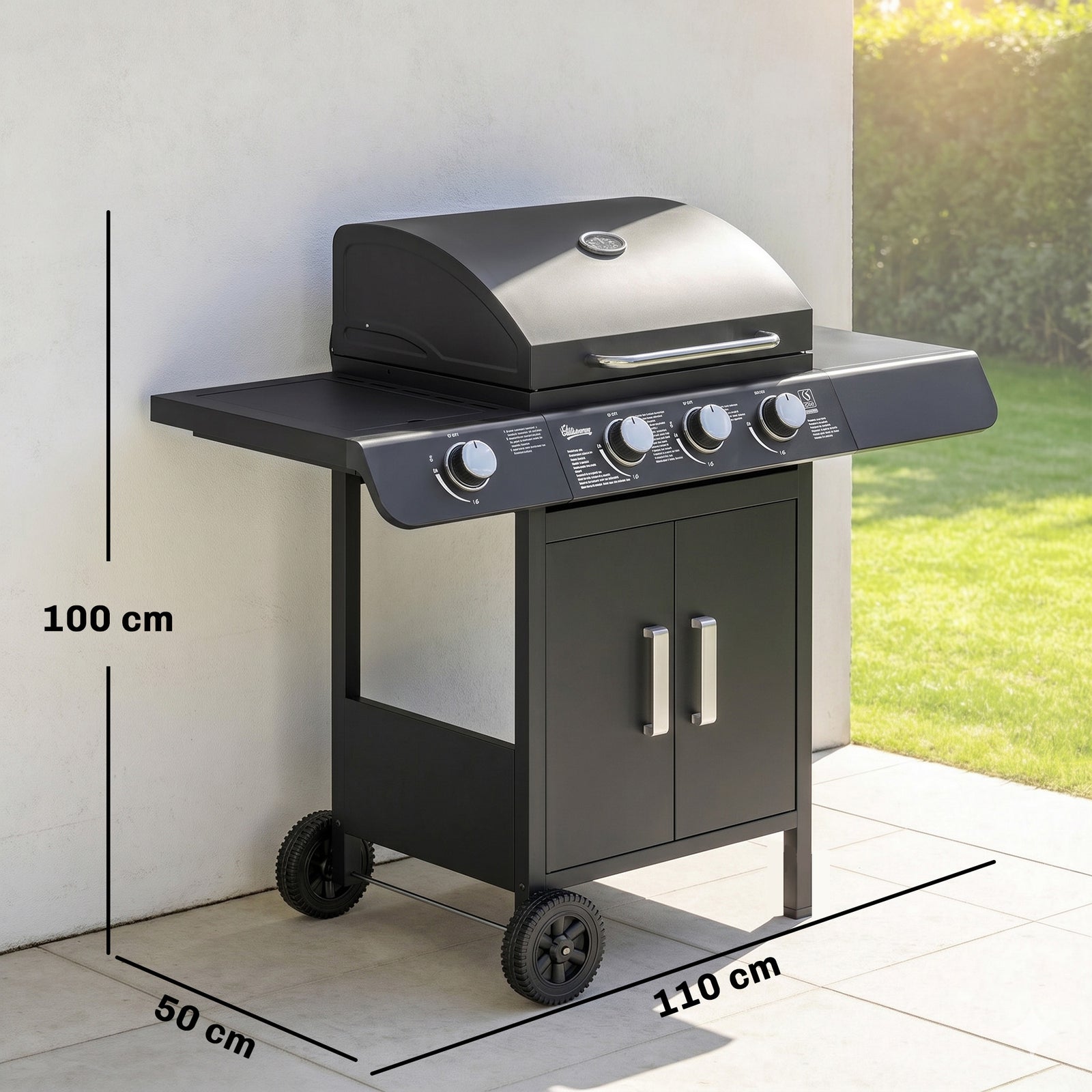 3+1 Burner Gas BBQ Grill, Outdoor Barbecue Trolley with Wheels, Warmin