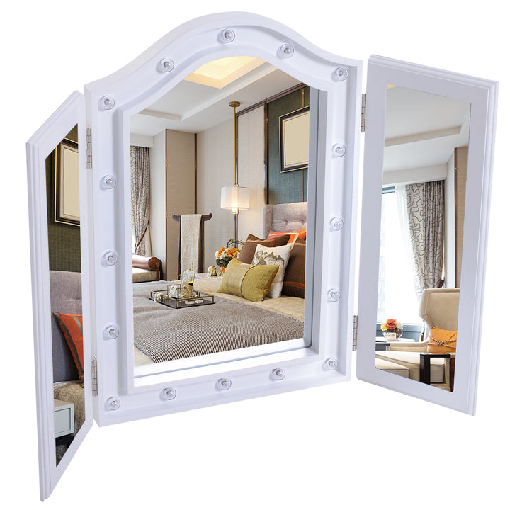 MCL Trifold Freestanding Mirror, Lighted Tabletop Vanity Mirror Large Cosmetic w/16 LED Lights powered by batteries Foldable For Bedroom- White