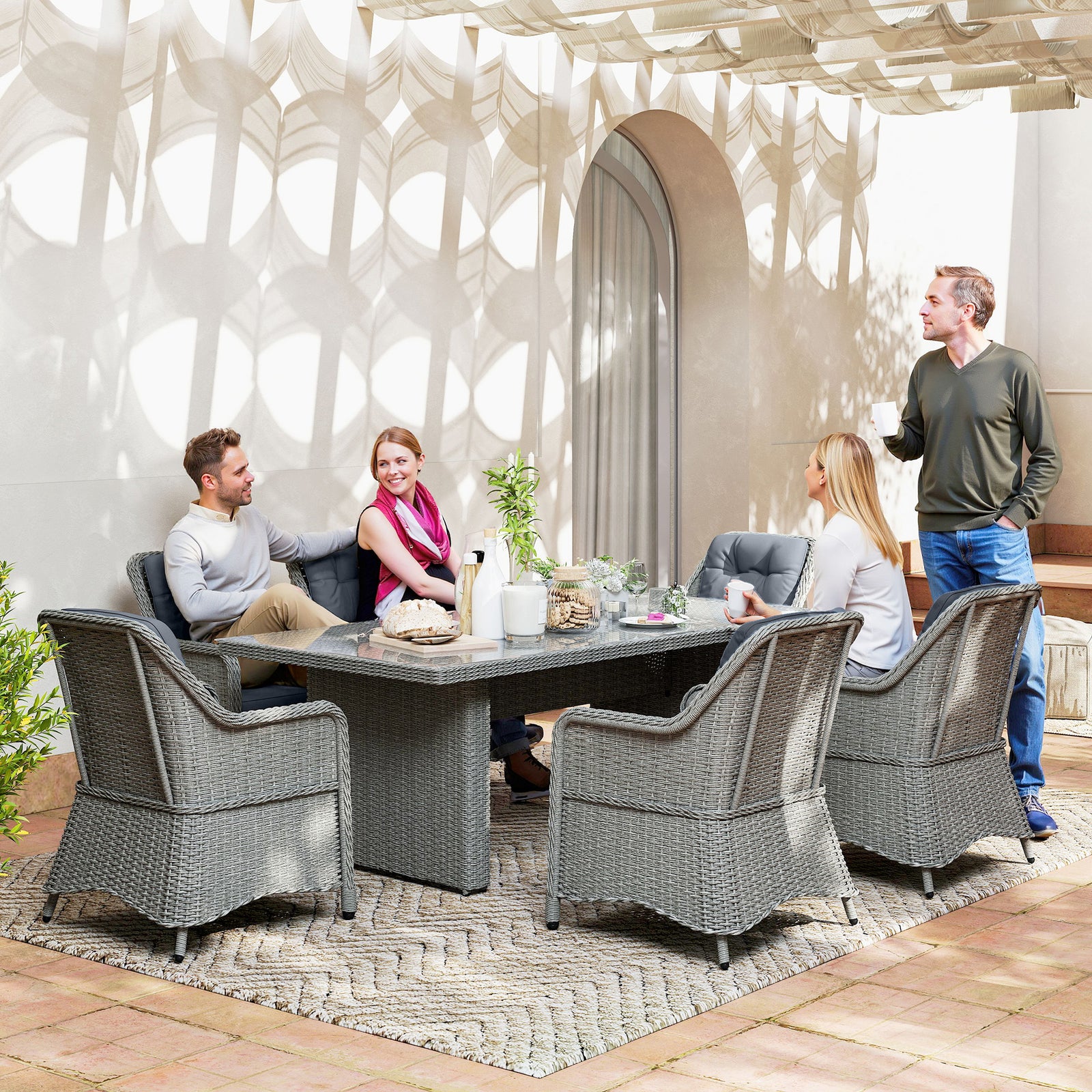 Seven-Piece Rattan Dining Set - Mixed Grey