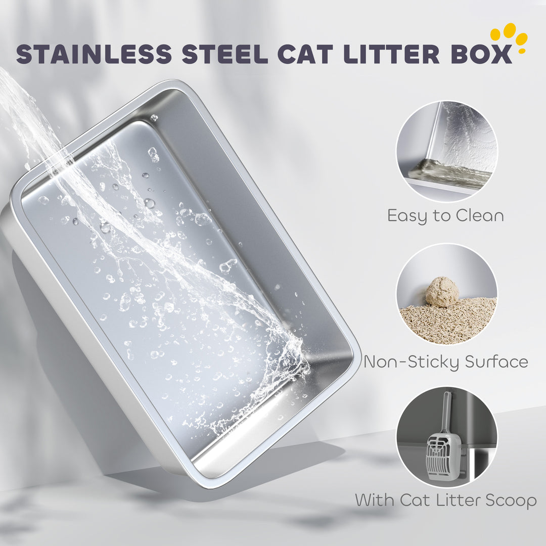 Stainless Steel Cat Litter Tray, Extra Large Enclosed Litter Box with Scoop, Top Entrance, Non-slip Pads, Dark Grey