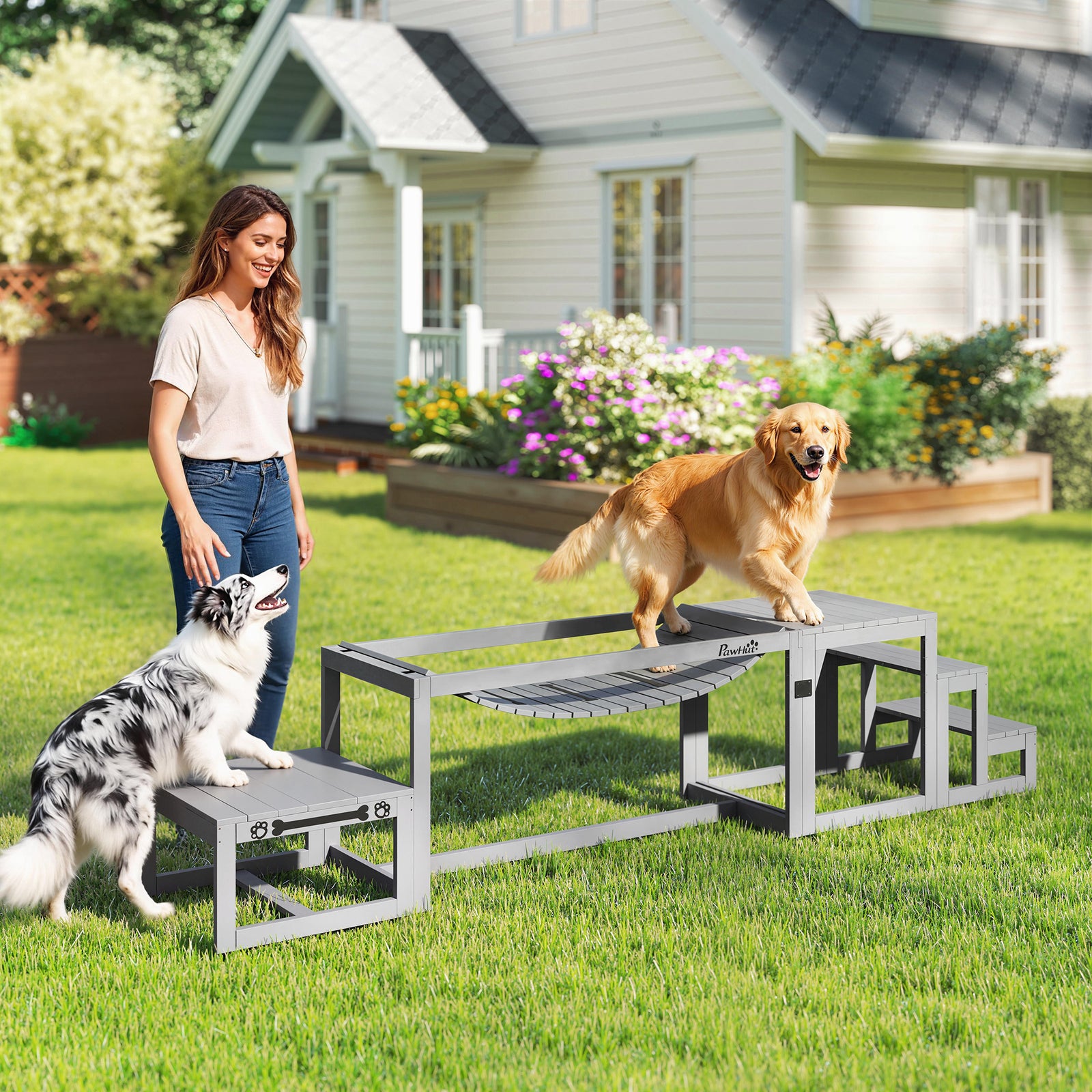 3 Pieces Wooden Dog Agility Training Equipment with Soft Bridge, Pause