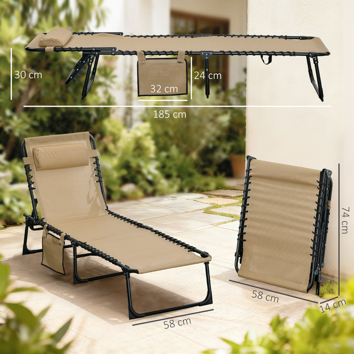 MCL Portable Sun Lounger, Folding Camping Bed Cot, Reclining Lounge Chair 5-position Adjustable Backrest with Side Pocket, Pillow for Patio Garden Beach Pool, Beige