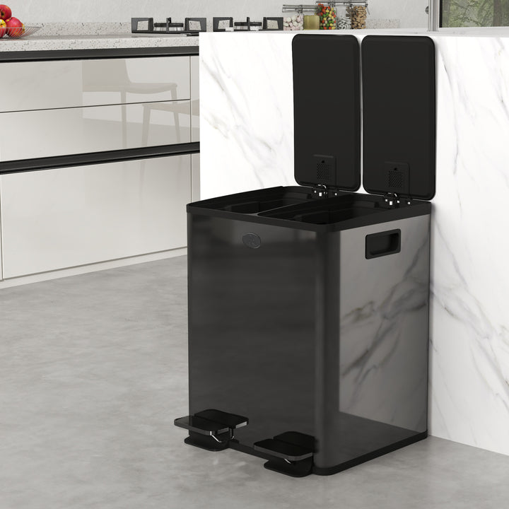 40L Dual Compartment Stainless Steel Bin, with Deodoriser Holders - Black