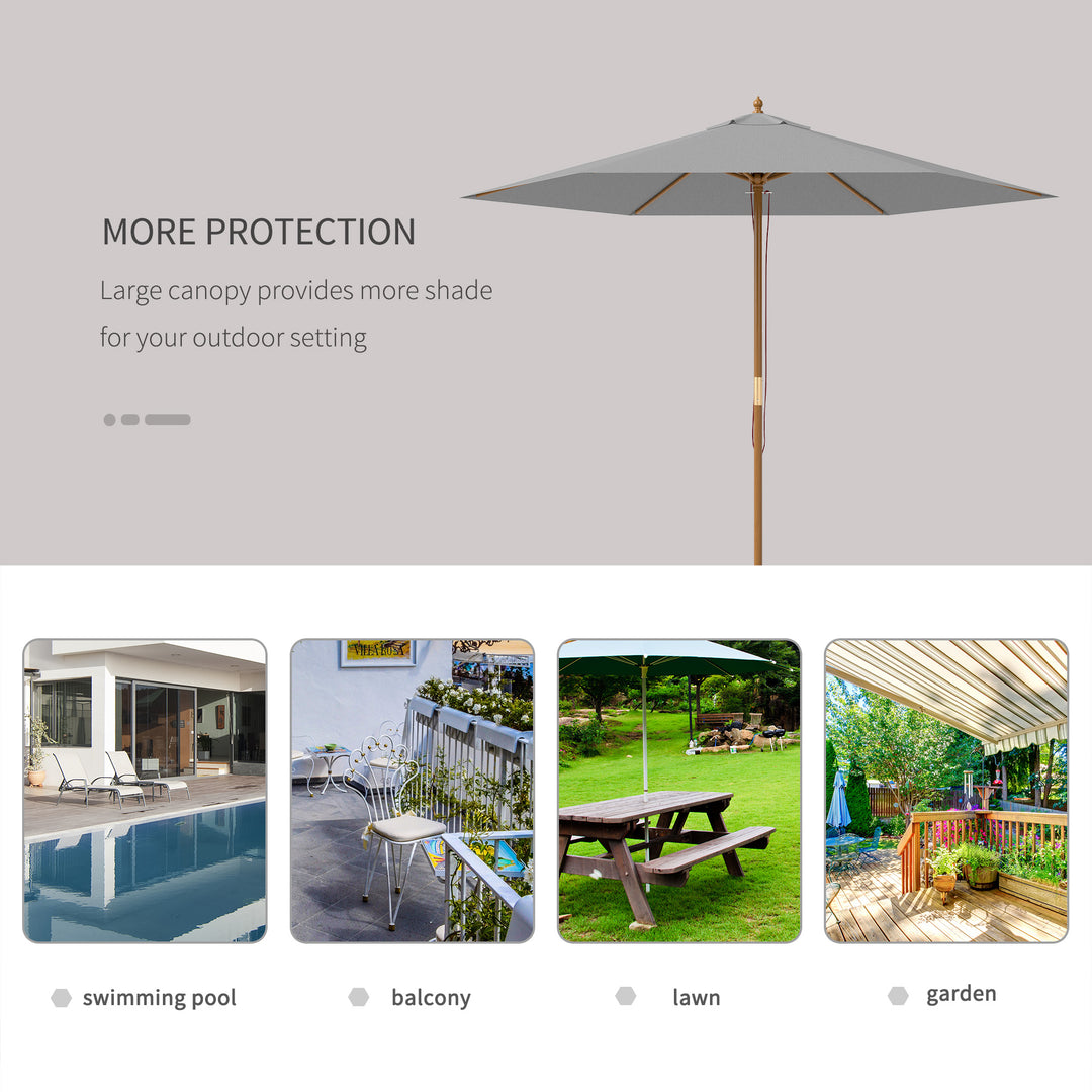 2.5m Wood Garden Parasol Sun Shade Patio Outdoor Wooden Umbrella Canopy, Table Market Umbrella with Vent, 38mm Pole, Rope Pulley Mechanism, Light Grey