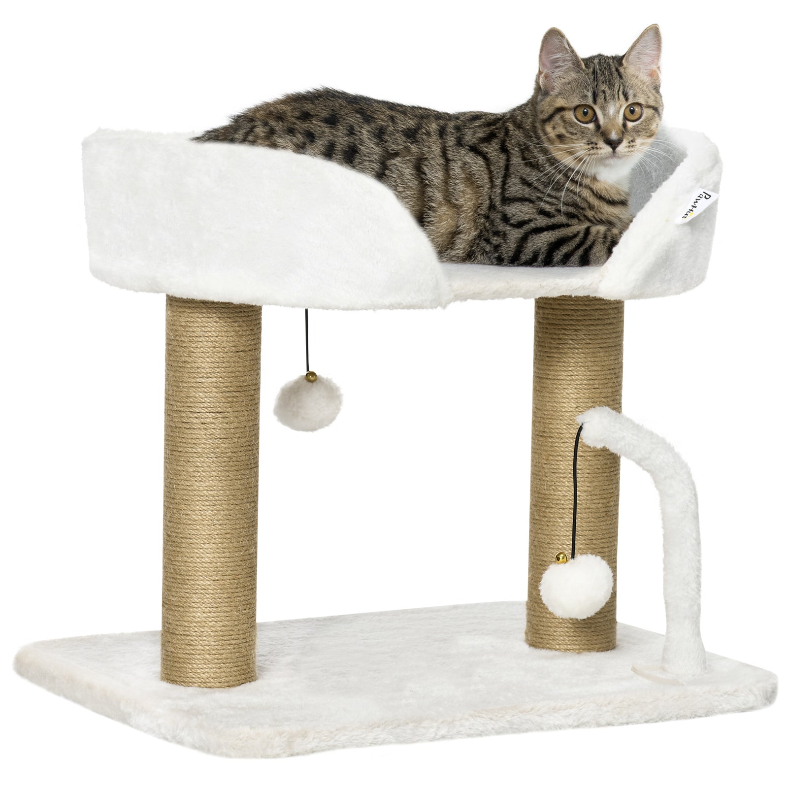 42cm Indoor Cat Tree, with Toy Balls, Jute Scratching Post - White
