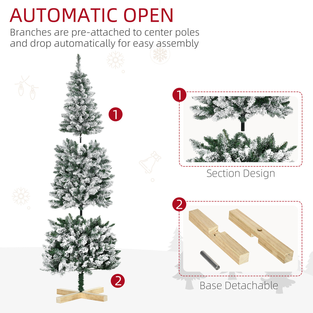 6 Ft Snow Flocked Artificial Christmas Tree, Xmas Pencil Tree with Realistic Branches, Auto Open, Pinewood Base, Green