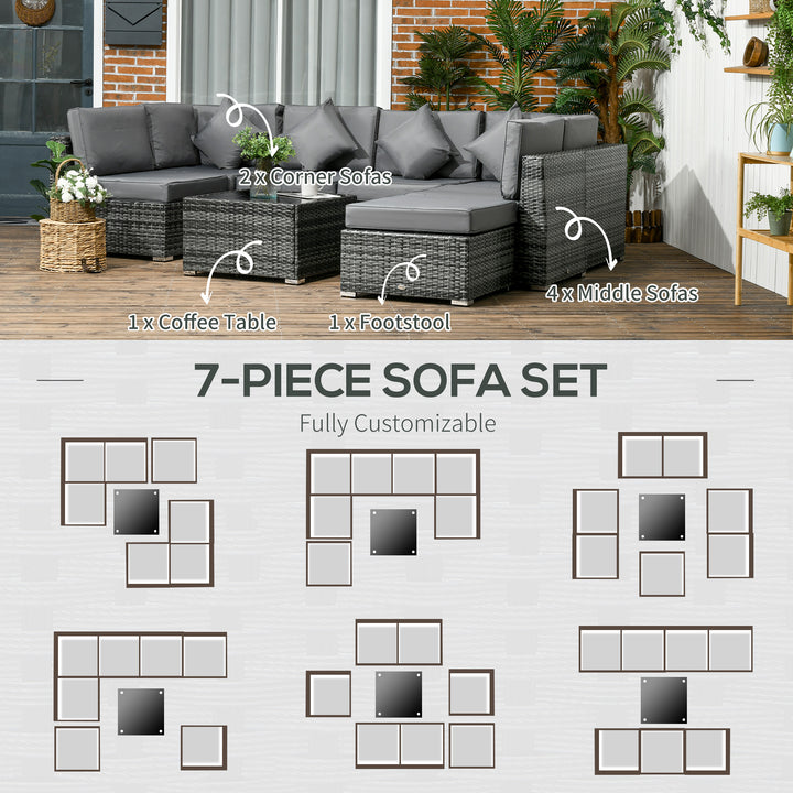 8 Pieces PE Rattan Corner Sofa Set, Outdoor Garden Furniture Set, Patio Wicker Sofa Seater w/ Cushion, Washable Cushion Cover & Tempered Glass Table, Grey