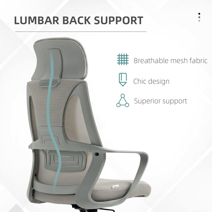 Ergonomic Office Chair, High Back Computer Chair, Mesh Desk Chair with Lumbar Support, Headrest, Wheel, Adjustable Height, Grey