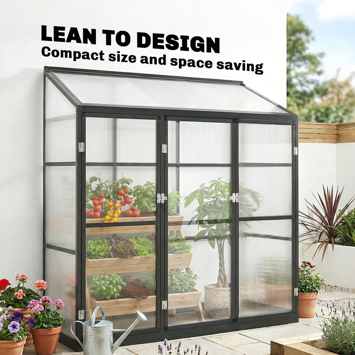 Polycarbonate Greenhouse with 3 Hinged Doors, Top Vent, Lean-to Green 