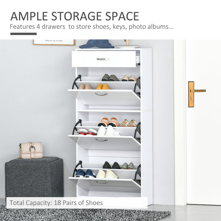 Shoe Cabinet with 3 Flip Drawers, High Gloss Shoe Storage Cabinet with Top Drawer and Adjustable Shelves, Shoe Cupboard for 18 Pairs, White
