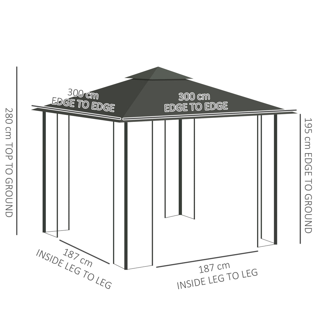 3 x 3(m) Steel Frame Double Roof Garden Gazebo - Grey