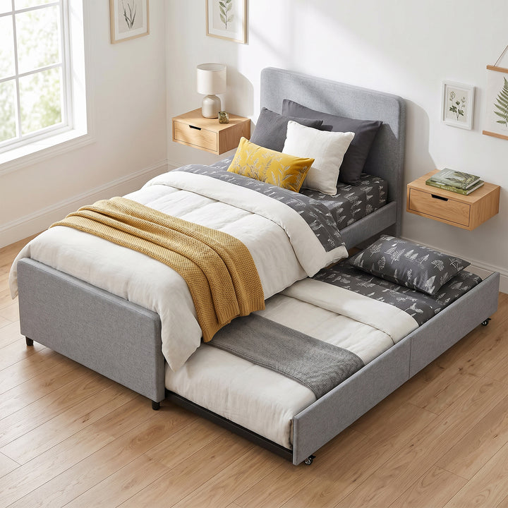 3ft Single Bed Frame with Trundle, Upholstered Pull Out Trundle Bed wi