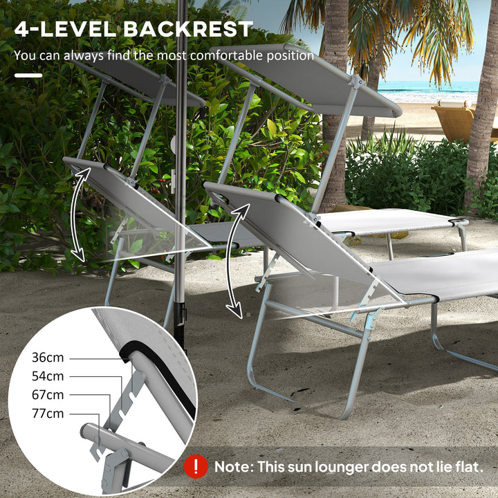 Outdoor Foldable Sun Lounger Set of 2, 4 Level Adjustable Backrest Reclining Sun Lounger Chair with Angle Adjust Sun Shade Awning for Beach, Garden, Patio, Light Grey