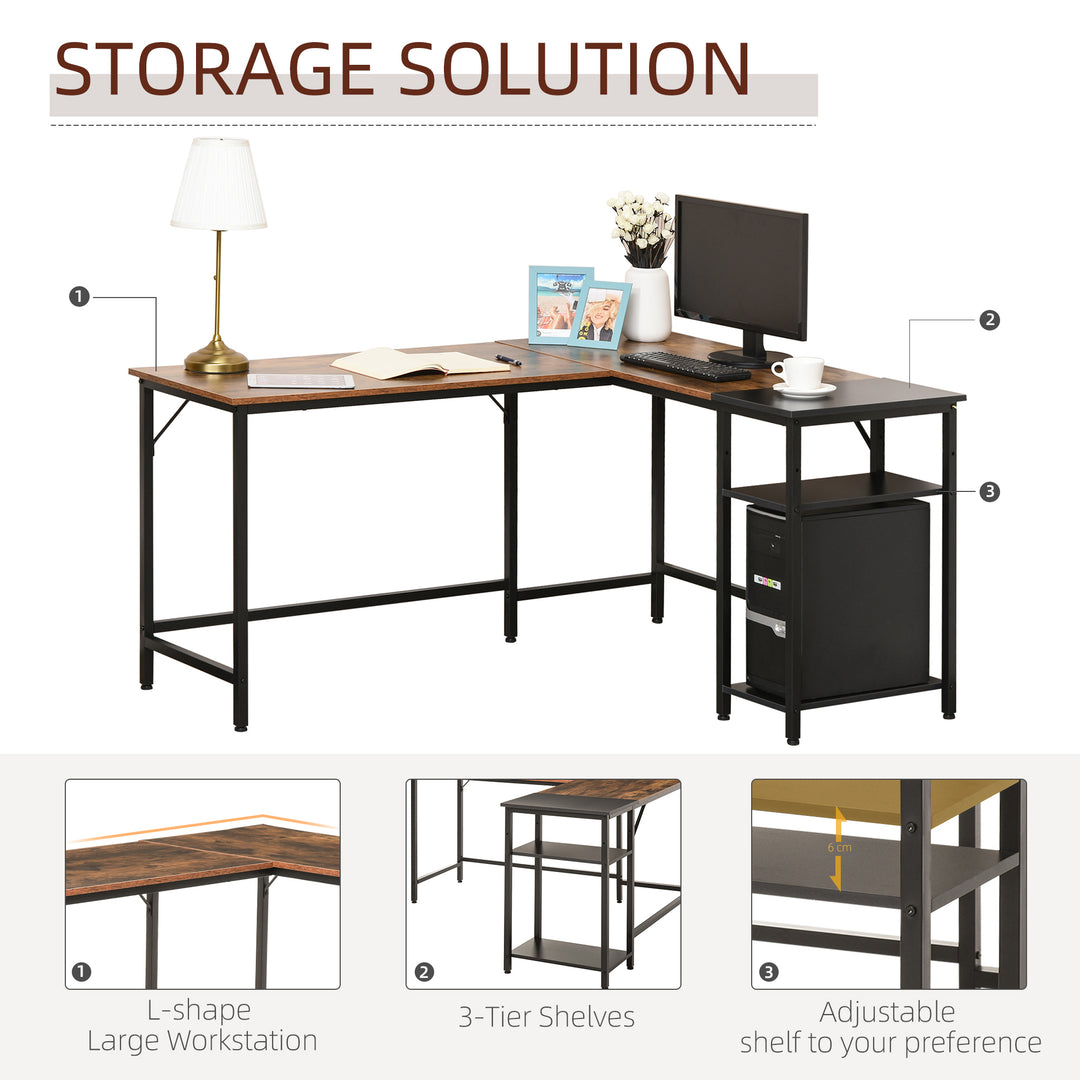 L-Shaped Computer Desk Industrial Corner Writing Desk with Adjustable Storage Shelf Space-Saving Home Office Workstation 150 x 120 x 75 cm Rustic Brown