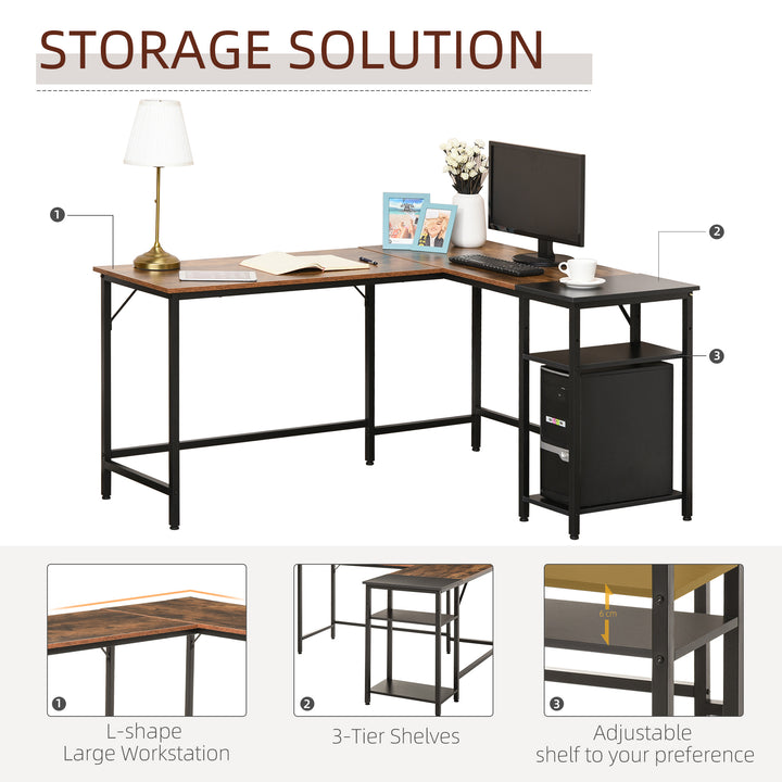 L-Shaped Computer Desk Industrial Corner Writing Desk with Adjustable Storage Shelf Space-Saving Home Office Workstation 150 x 120 x 75 cm Rustic Brown
