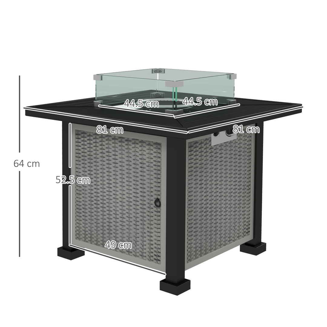 Outsunny Square Gas Fire Pit Table, Rattan Smokeless Fire Pit with Glass Screen and Beads, Lid, 50000 BTU, 81x81x64cm, Grey