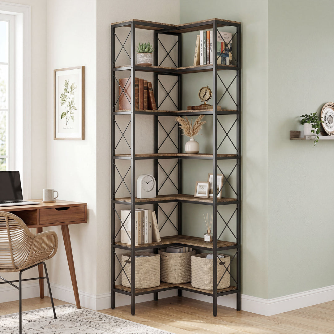 6-Tier L-Shaped Bookshelf, Freestanding Corner Bookcase with Metal Fra