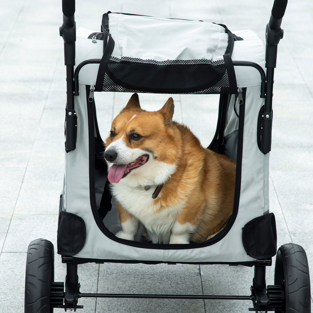 Pet Stroller for Medium Dogs Cat Pushchair Buggy Pram with 4 Wheels Safety Leash Zipper Doors Mesh Windows Storage Bag - Grey