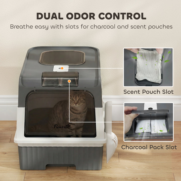 Enclosed Cat Litter Box with Lid, Pull-Out Drawer Tray, Scoop, 4 Deodo