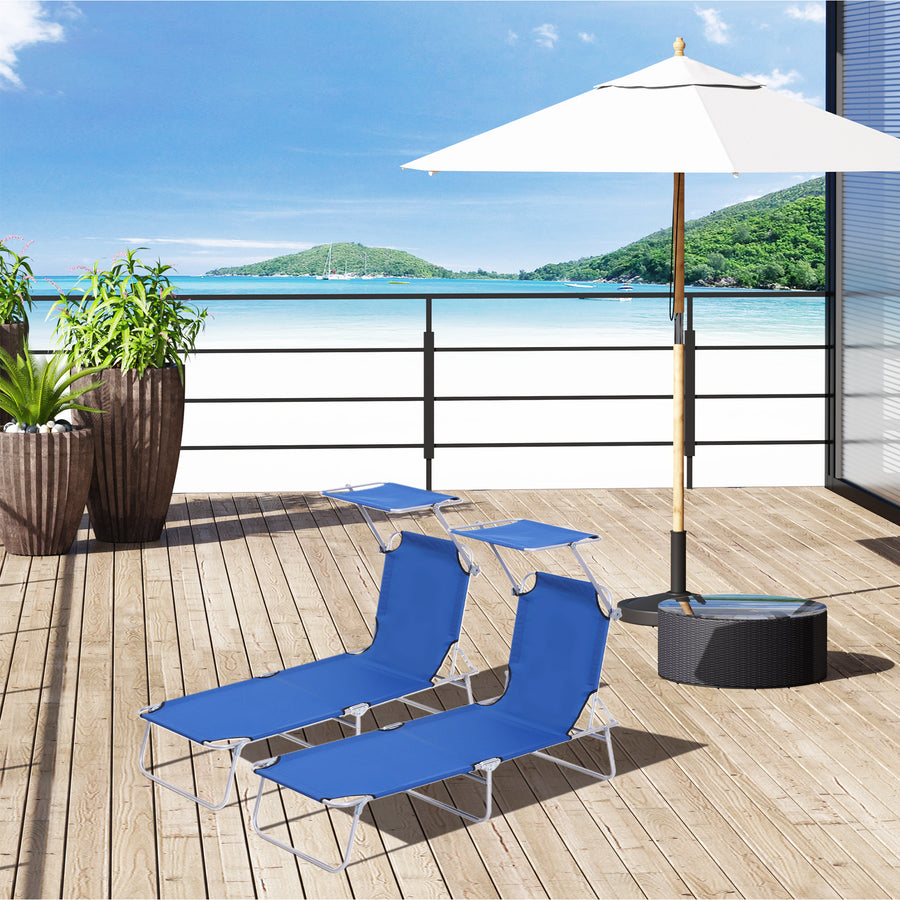 2 Pieces Outdoor Foldable Sun Lounger, 4 Level Adjustable Backrest Reclining Sun Lounger Chair with Angle Adjust Sun Shade Awning for Beach, Garden, Patio, Blue