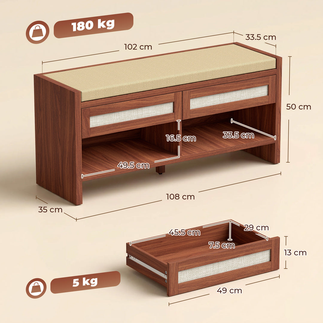 Boho Shoe Bench with 2 Rattan Drawers, Shoe Storage Bench with Cushion