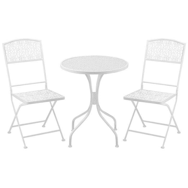 Outsunny Bistro Set for 2, Metal Folding Chairs with Round Table, White, Ideal for Balcony & Outdoor Indoor Use.