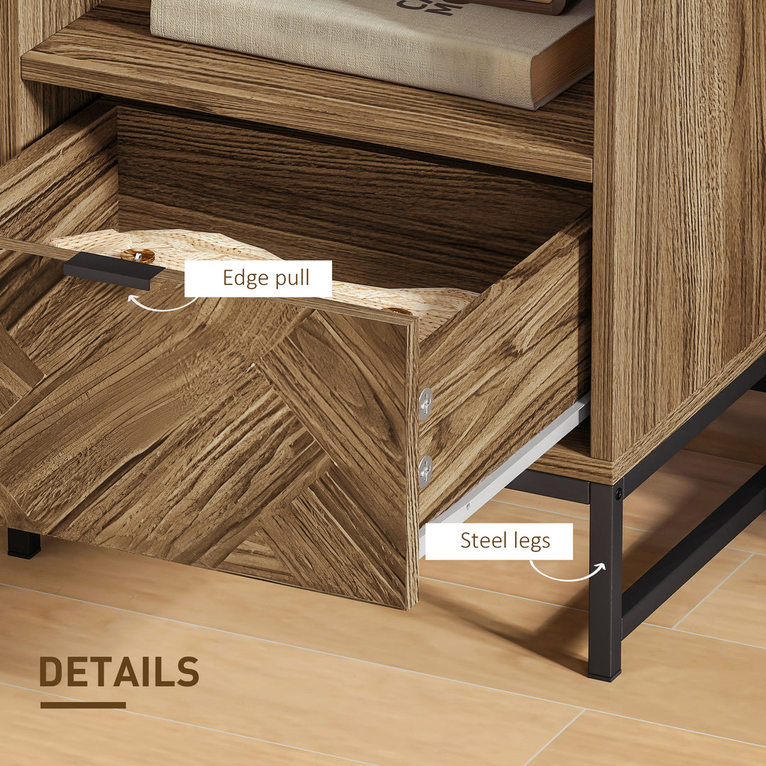 Bedside Table with Drawer and Shelf, Side End Table with Steel Legs for Living Room, Bedroom, Brown Wood Effect