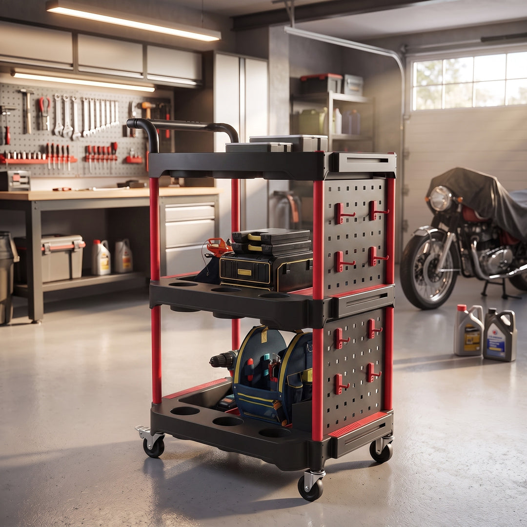 3-Tier Rolling Tool Cart with Pegboard and Hooks, Storage Trolley - view 2