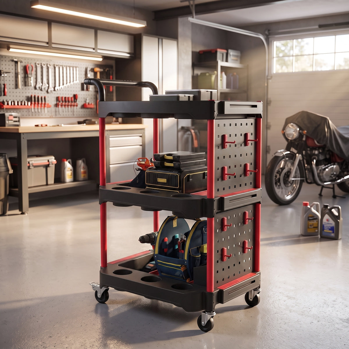 3-Tier Rolling Tool Cart with Pegboard and Hooks, Storage Trolley - view 2