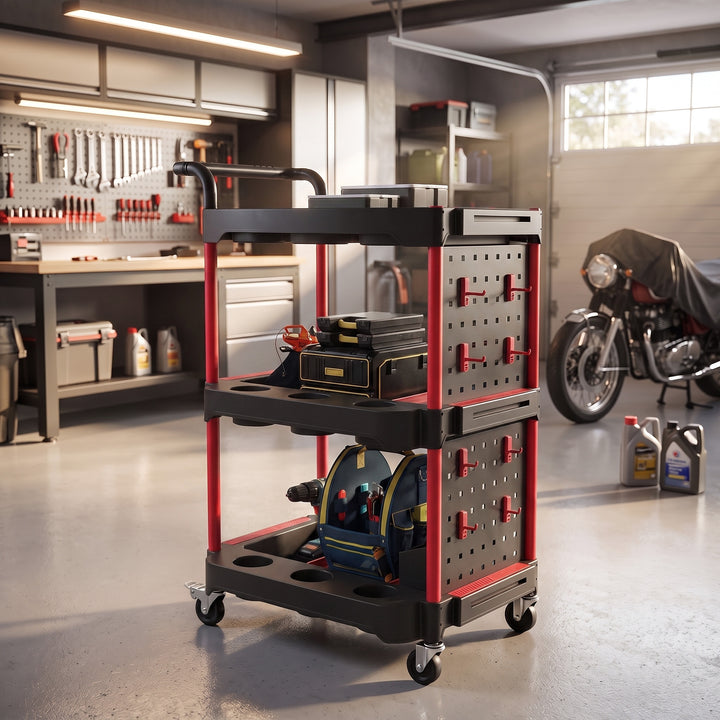 3-Tier Rolling Tool Cart with Pegboard and Hooks, Storage Trolley - view 2