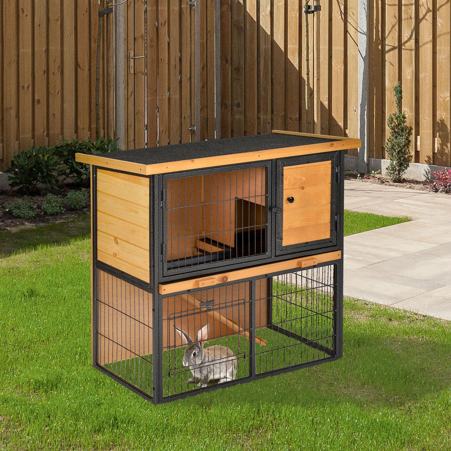 Guinea Pig Hutch Rabbit Hutch Wood-metal Elevated Pet House Bunny Cage with No-Leak Tray Ramp Openable Roof Outdoor 89.5 x 45 x 81cm Light Yellow