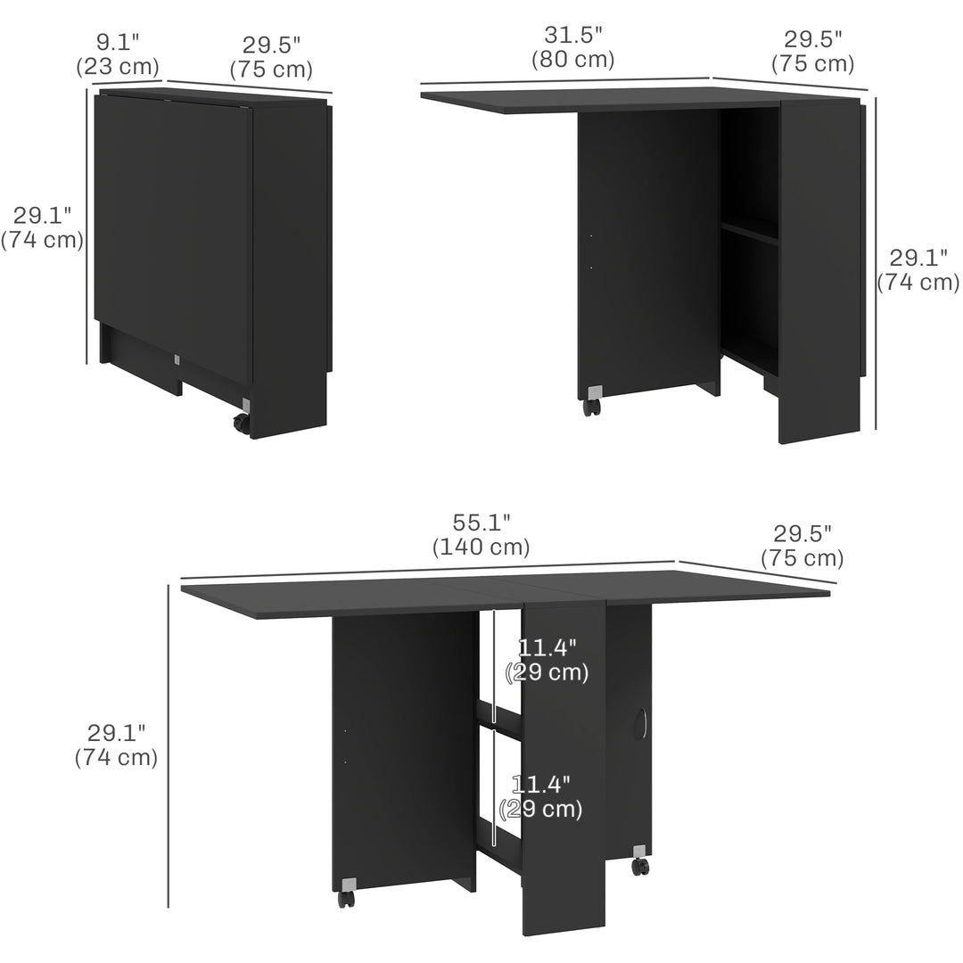 Foldable Dining Table, Extendable Drop Leaf Table with 2-tier Shelves, Small Dinner Table with Rolling Casters