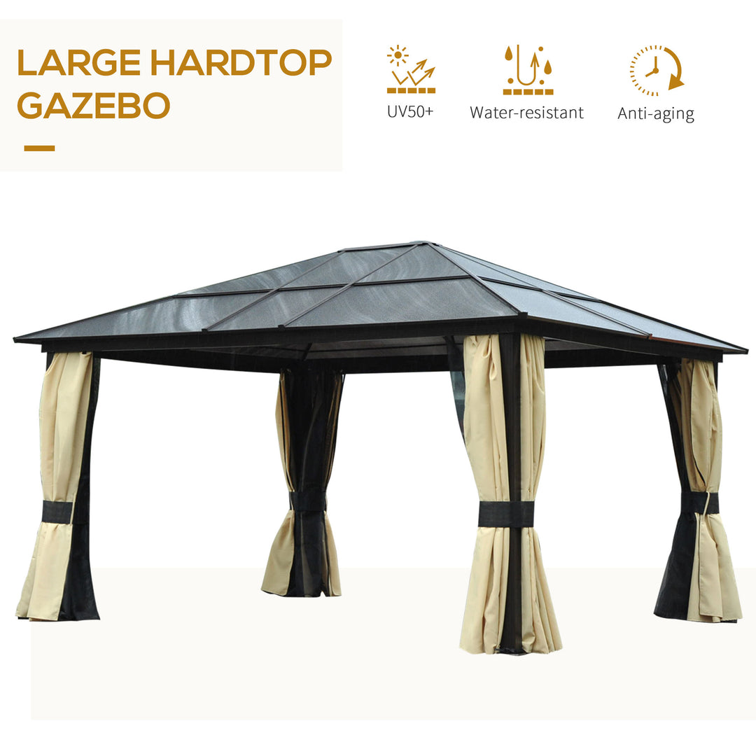3.6 x 4m Hardtop Gazebo Canopy with Polycarbonate Roof and Aluminium Frame, Garden Pavilion with Mosquito Netting and Curtains