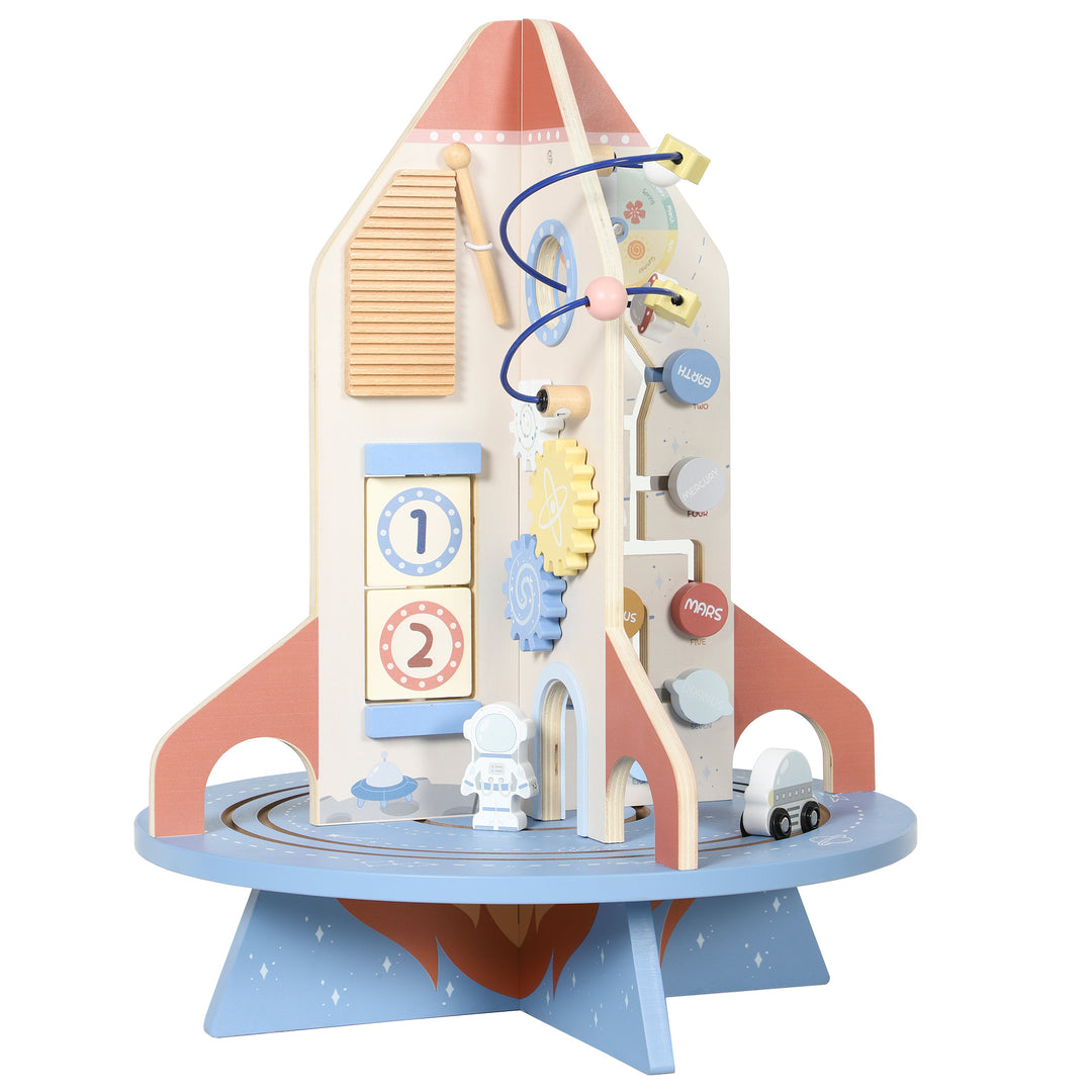 Wooden Activity Cube, Rocket Theme Educational Toys with Shape Sorter