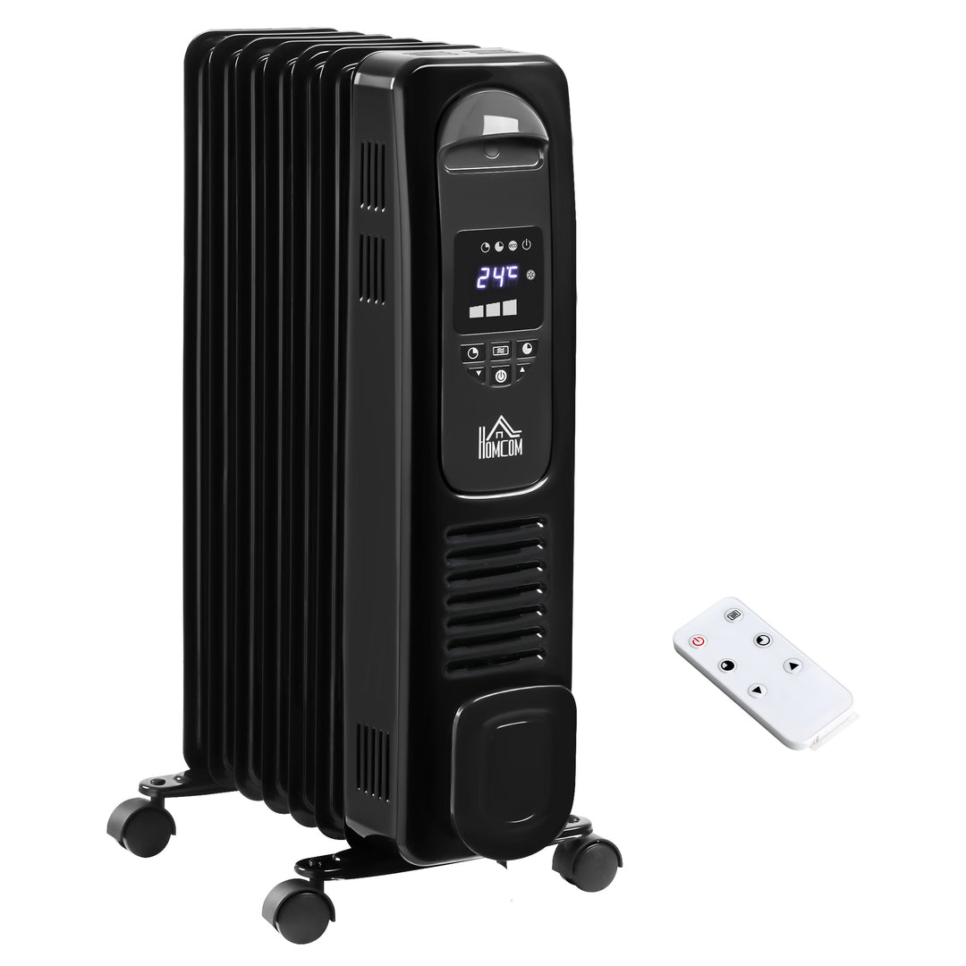 MCL 1500W Digital Oil Filled Radiator, 7 Fin, Portable Electric Heater with LED Display, Built-in Timer, 3 Heat Settings, Safety Cut-Off and Remote Control, Black