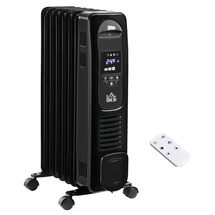 MCL 1500W Digital Oil Filled Radiator, 7 Fin, Portable Electric Heater with LED Display, Built-in Timer, 3 Heat Settings, Safety Cut-Off and Remote Control, Black