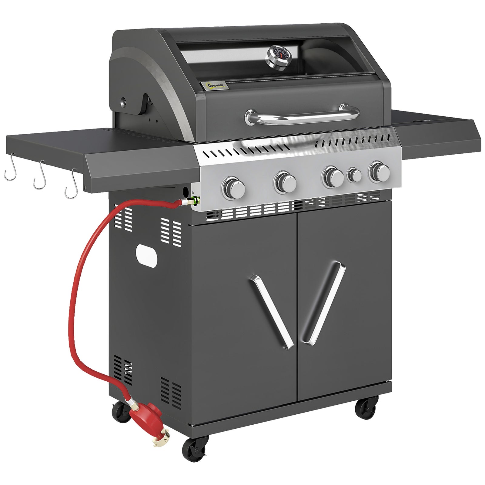 4+1 Burner Gas BBQ Grill with Clear View Lid, Portable Gas Barbecue Grill with Built-in Thermometer, Side Table, Cabinet, Wheels, Grease Tray for Garden Party Outdoor Cooking, Black