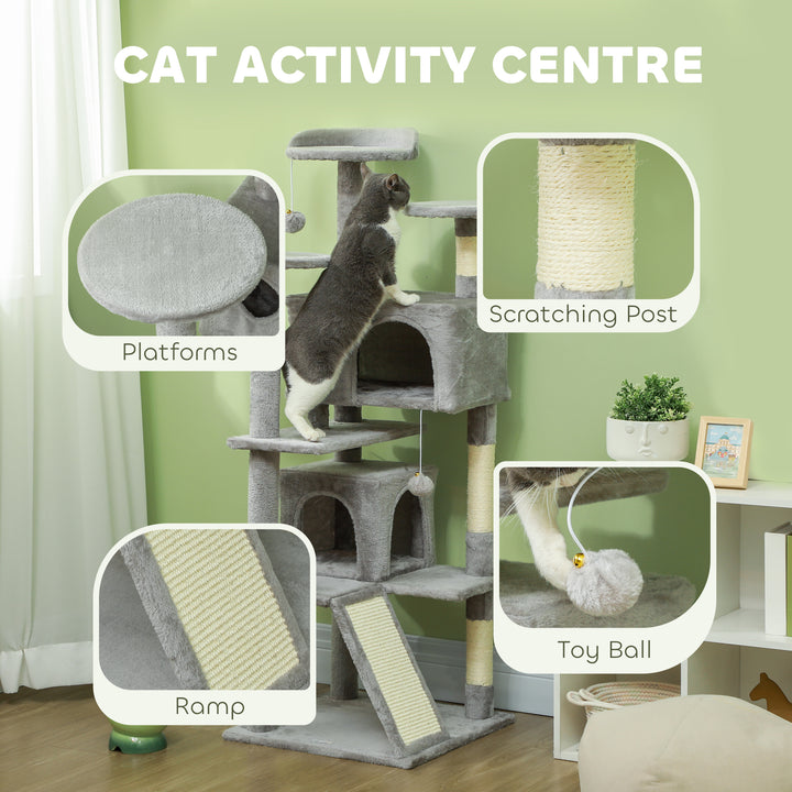 138cm Cat Tree, Multi-Level Cat Tower with Scratching Posts and Pad, Bed, Condos, Platforms, Toy Balls, Light Grey