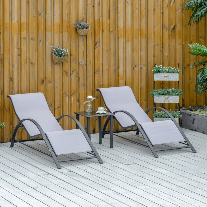 Outsunny 3 Pieces Lounge Chair Set Garden Outdoor Recliner Sunbathing Chair with Table, Light Grey