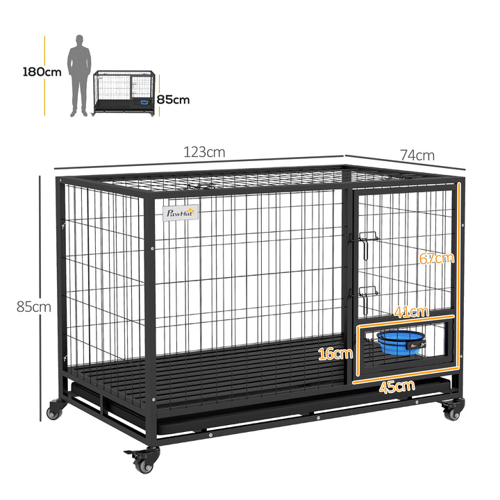 Heavy Duty Dog Crate on Wheels w/ Bowl Holder, Removable Tray, Openable Top, Detachable Door, for L, XL Dogs