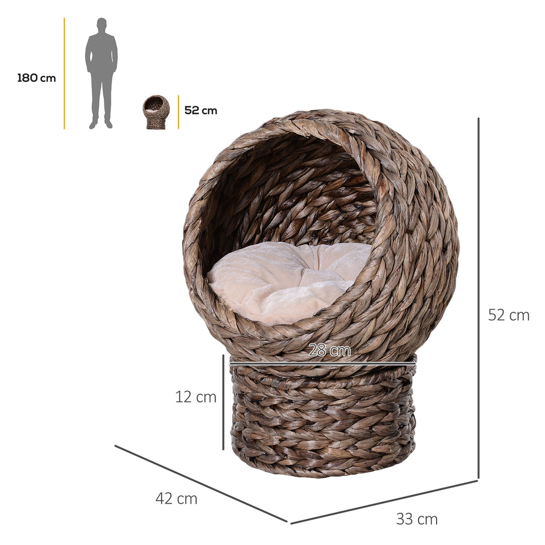 PawHut Wicker Cat Bed, Raised Rattan Cat Basket with Cylindrical Base, Soft Washable Cushion, 42 x 33 x 52cm - Brown | Aosom UK