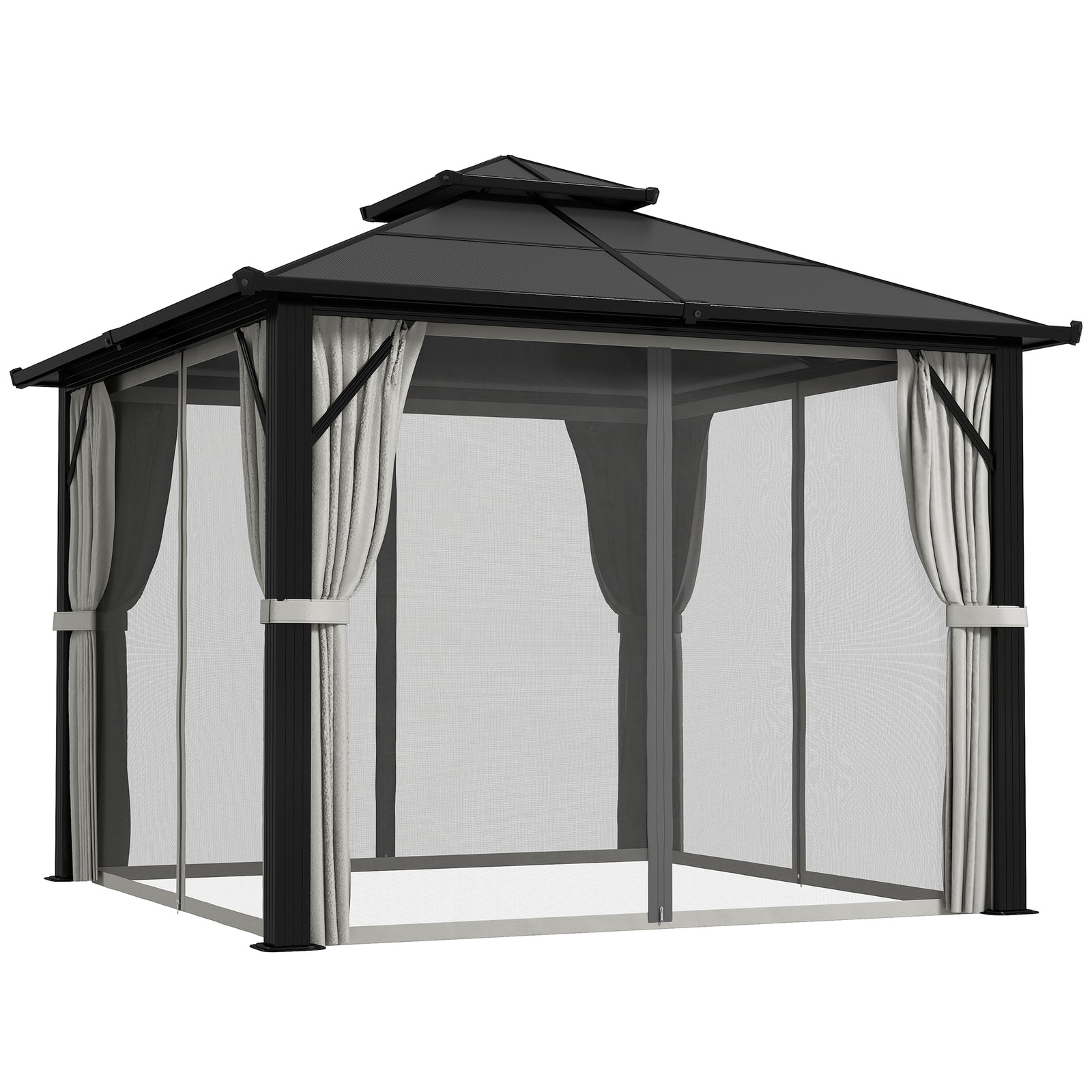 3 x 3(m) Hardtop Gazebo Canopy with UPF30+ Double Polycarbonate Roof, Aluminium Frame Garden Gazebo Permanent Pavilion with Mosquito Netting and Curtains for Patio, Deck, Grey