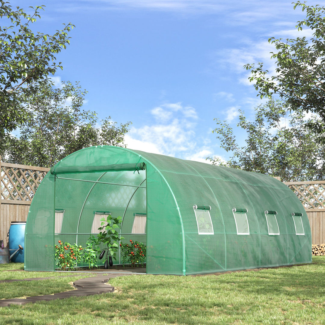 Outsunny 6 x 3 m Large Walk-In Greenhouse Garden Polytunnel Greenhouse with Steel Frame, Zippered Door and Roll Up Windows, Green | Aosom UK