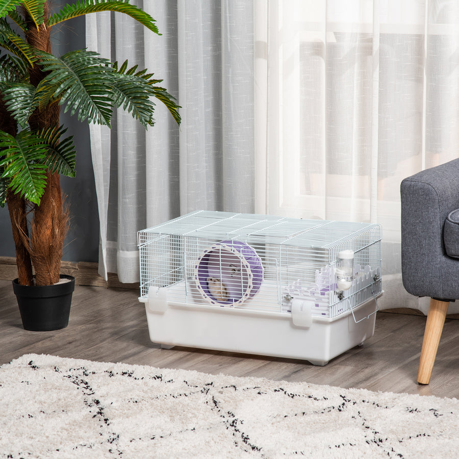 2 Tier Hamster Cage, Gerbil Cage with Exercise Wheel, Water Bottle, Ladder, White