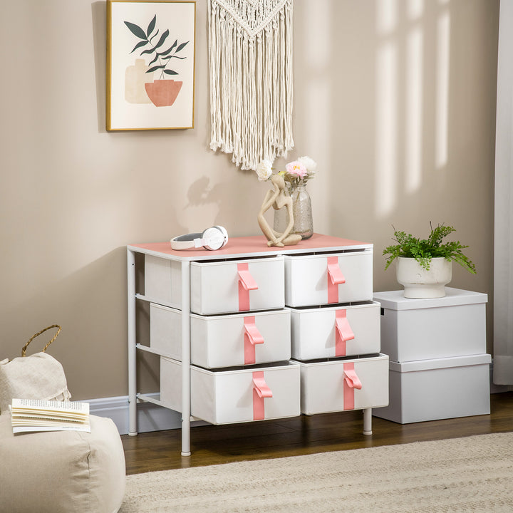 Chest of Drawers, Cloth Organizer Unit with 6 Fabric Drawers, Metal Frame and Wooden Top, Storage Cabinet for Kids Room, Living Room, Closet, Hallway, Pink