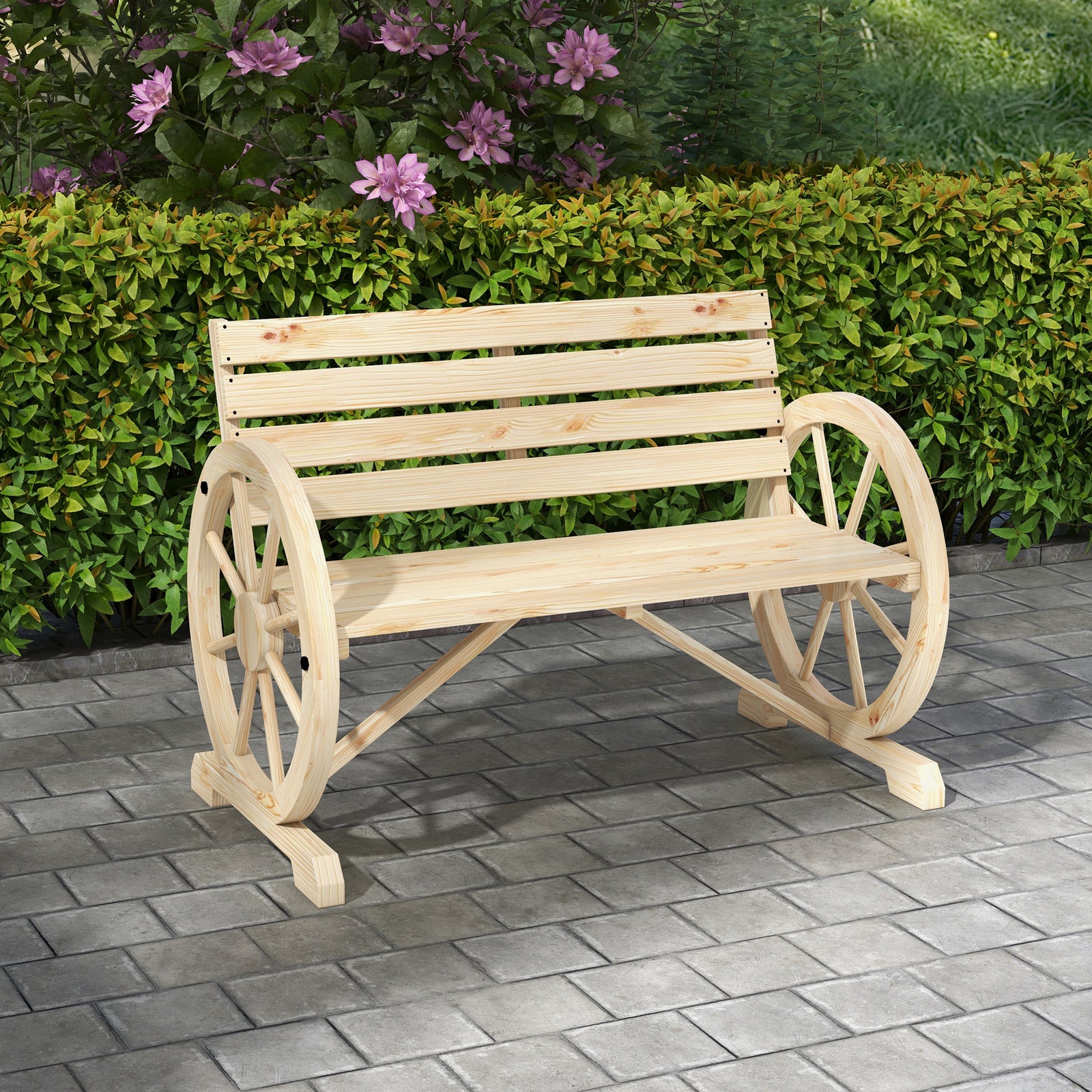Wagon Wheel Chair Bench Armrest Rustic Loveseat Wood Outdoor Garden, Natural