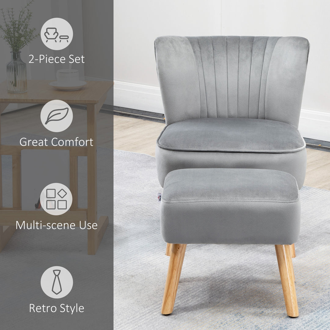 HOMCOM Velvet Accent Chair with Ottoman, Occasional Tub Seat, Curved Back, Wood Frame, Light Grey | Aosom UK