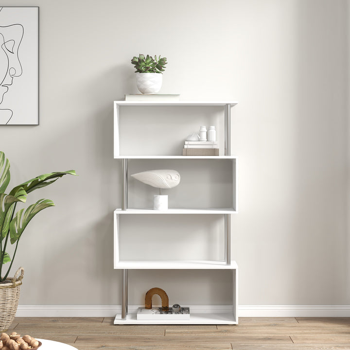 MCL S Shape Bookcase, 5 Tiers Bookshelf, Modern Freestanding Storage Shelf for Home Office, Study, Living Room, 80 x 30 x 145cm, White