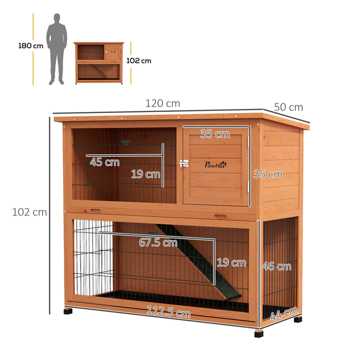 PawHut 2 Tier Antiseptic Wood Rabbit Hutch with Run Outdoor Orange | Aosom UK